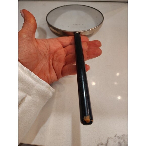 Vintage Handheld Portrait Lid Vanity Mirror with Wooden Handle Woman Portrait - Picture 5 of 13